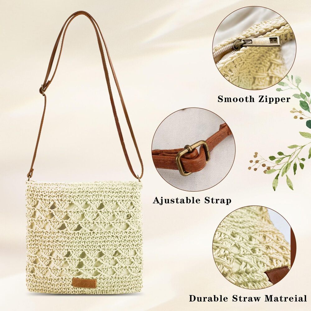 3185 Straw Crossbody Bags Small Summer Beach Bag Boho Handmade Weave - Picture 6 of 6